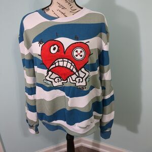 BKYS red Sad Heart Angel Striped Long Sleeve Sweatshirt Mens large Streetwear